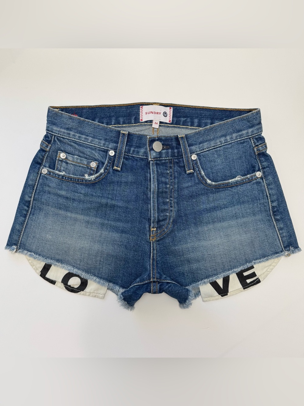 Sundry Medium Blue Denim Cutoff Shorts with White LOVE Trim